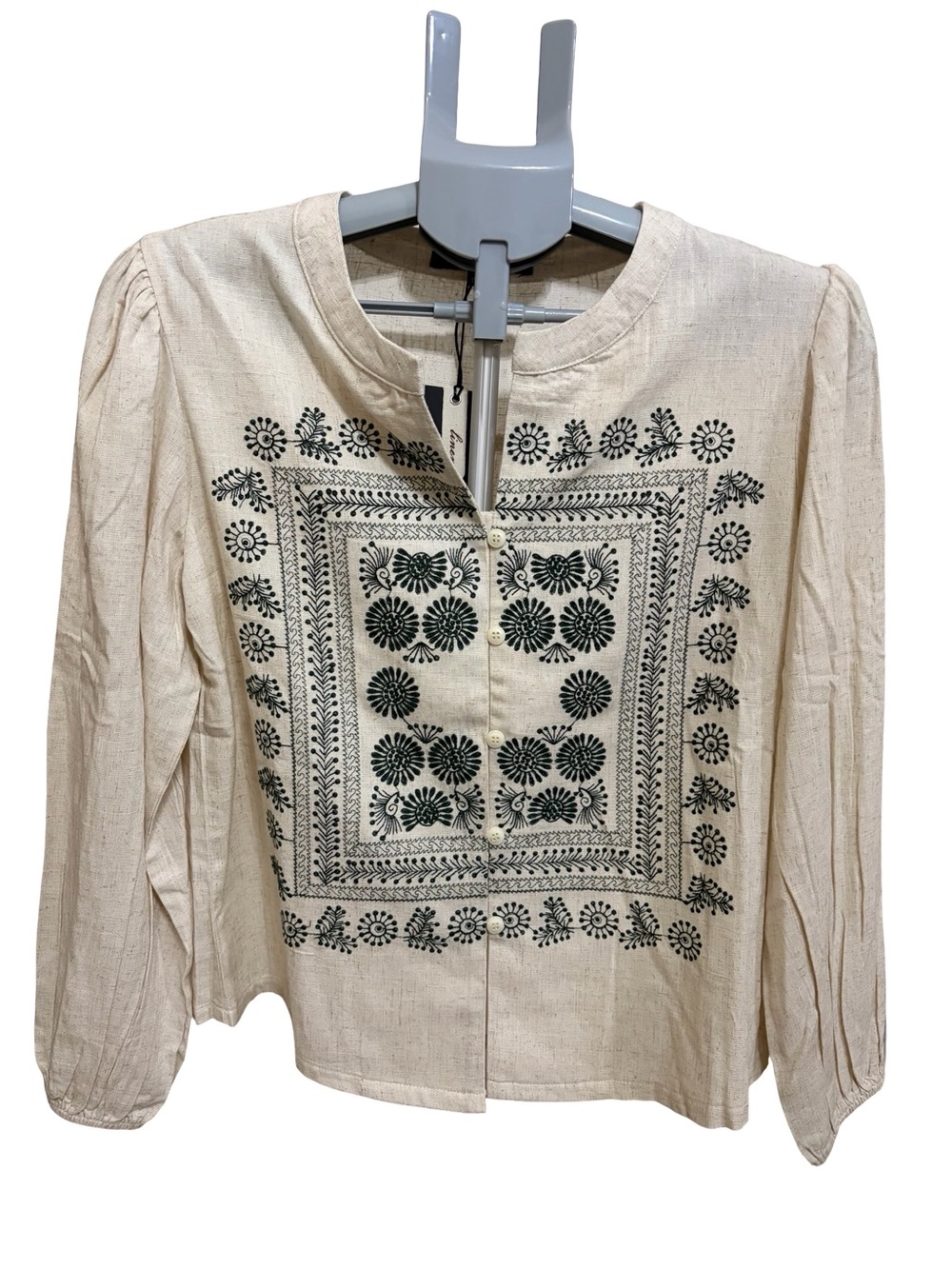 Solitaire Cream Cotton Blouse with Dark Green Floral Embroidery